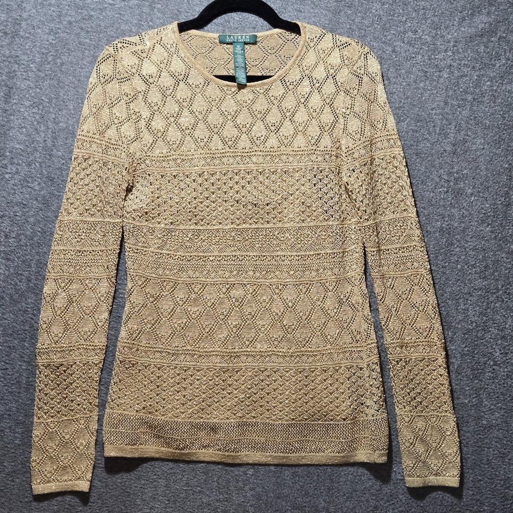 Lauren Womens Sweater Sz M‎ Gold Metallic Crochet Metallic Camisole Long Sleeve